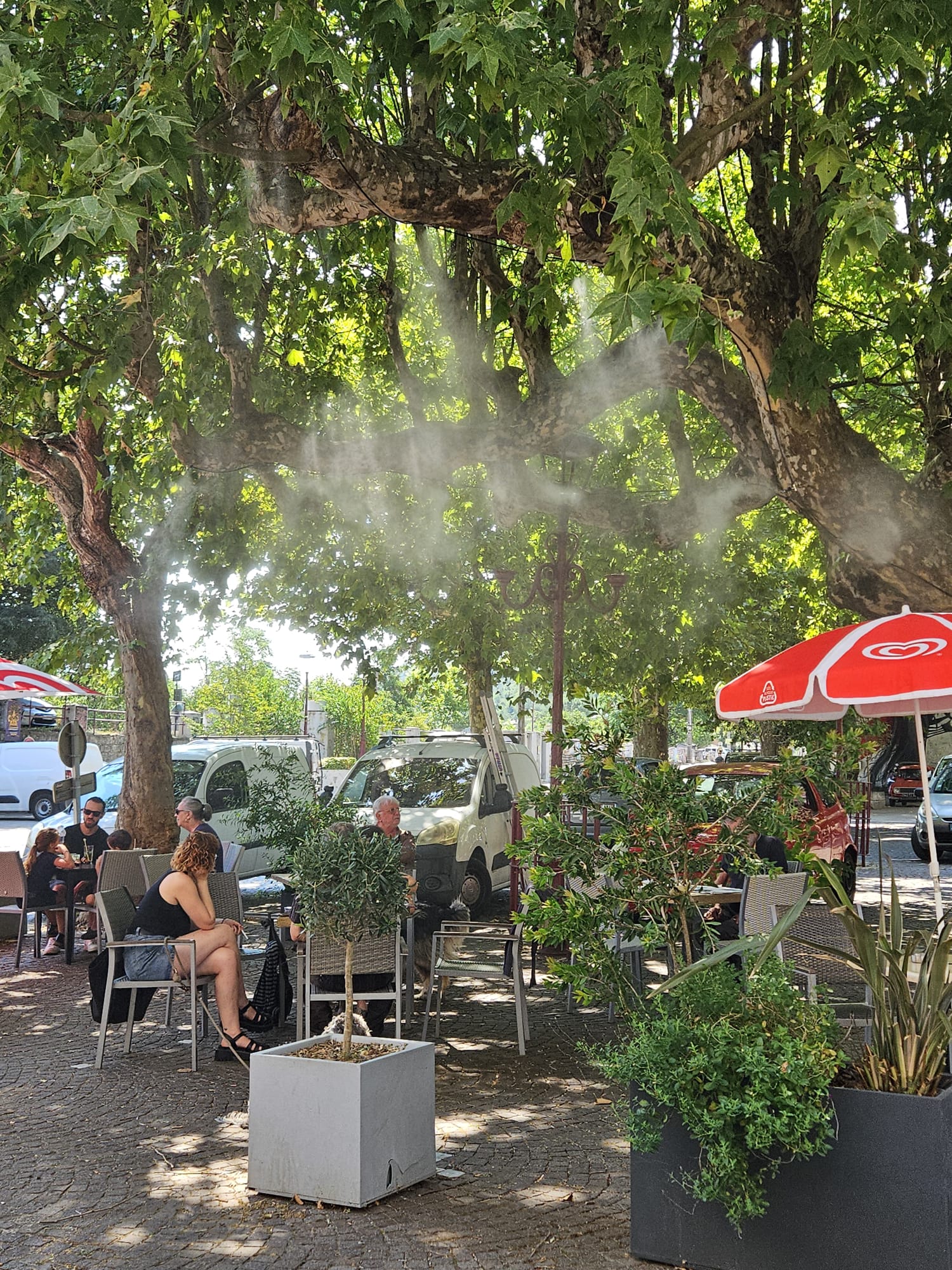 Terrasse de bar rafraîchie par un système de brumisation